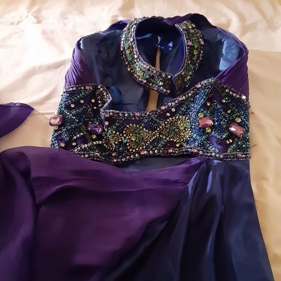 Asymmetrical Rhinestones Halter Back Gown - Picture 7 of 10